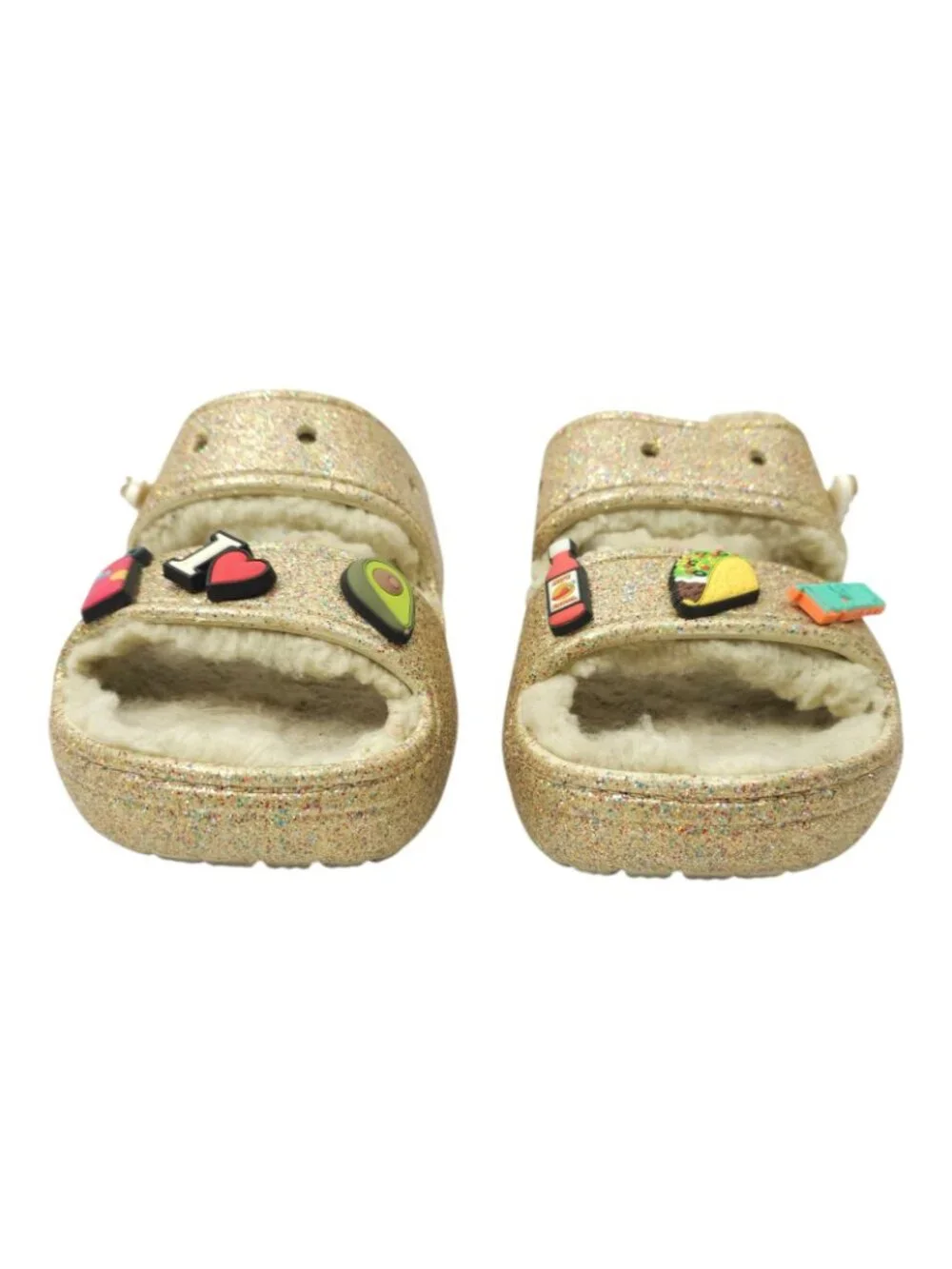 Crocs Classic Cozzzy Glitter Sandals Women 7 Gold Fuzzy Lined Slide Taco Jibbitz